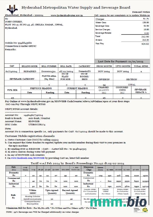 Indie Hyderabad Metropolitan Water Supply and Sewerage Board szablon rachunku za media w formatach Word i PDF